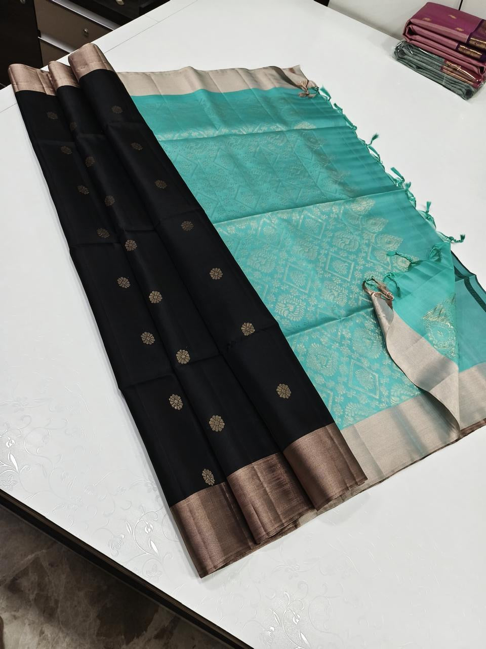 Charcoal Black & Aqua Elegance Handloom Soft Silk Saree SS25603