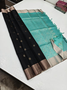Charcoal Black & Aqua Elegance Handloom Soft Silk Saree SS25603