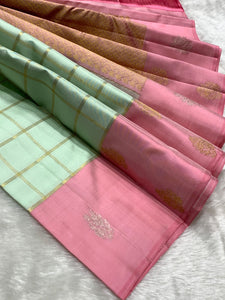 Classic Pastel Sea Green & Baby Pink 2gm Zari Kanchipuram Handloom Silk Saree SS25928