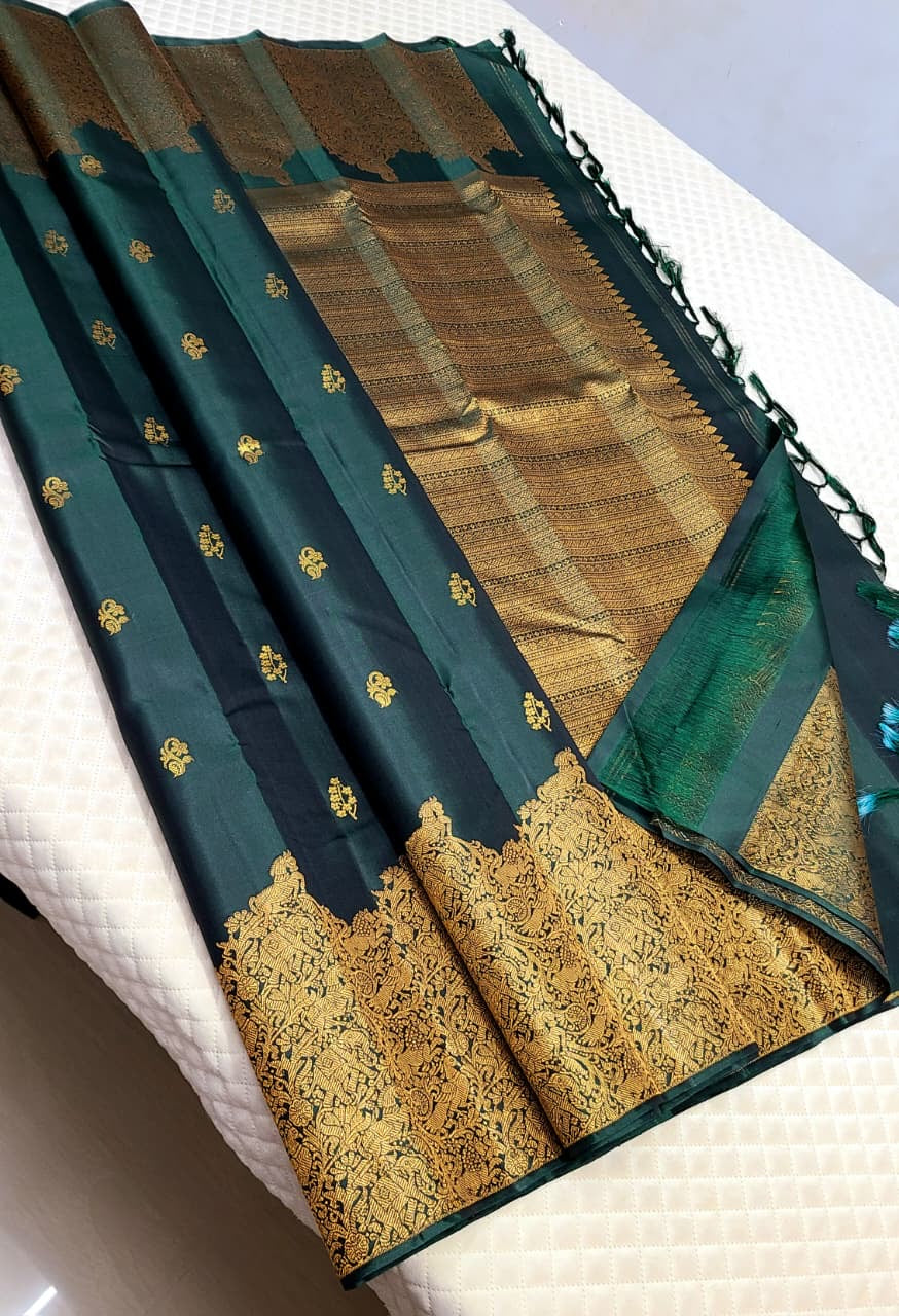 Classic Bottle Green 2gm Zari Kanchipuram Handloom Silk Saree SS26284