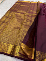 Load image into Gallery viewer, Classic Dark Plum Elegance Kanchipuram Handloom Silk Saree SS27831
