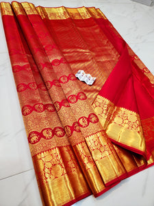 Classic Scarlet Red Bridal Elegance Kanchipuram Handloom Silk Saree SS26070
