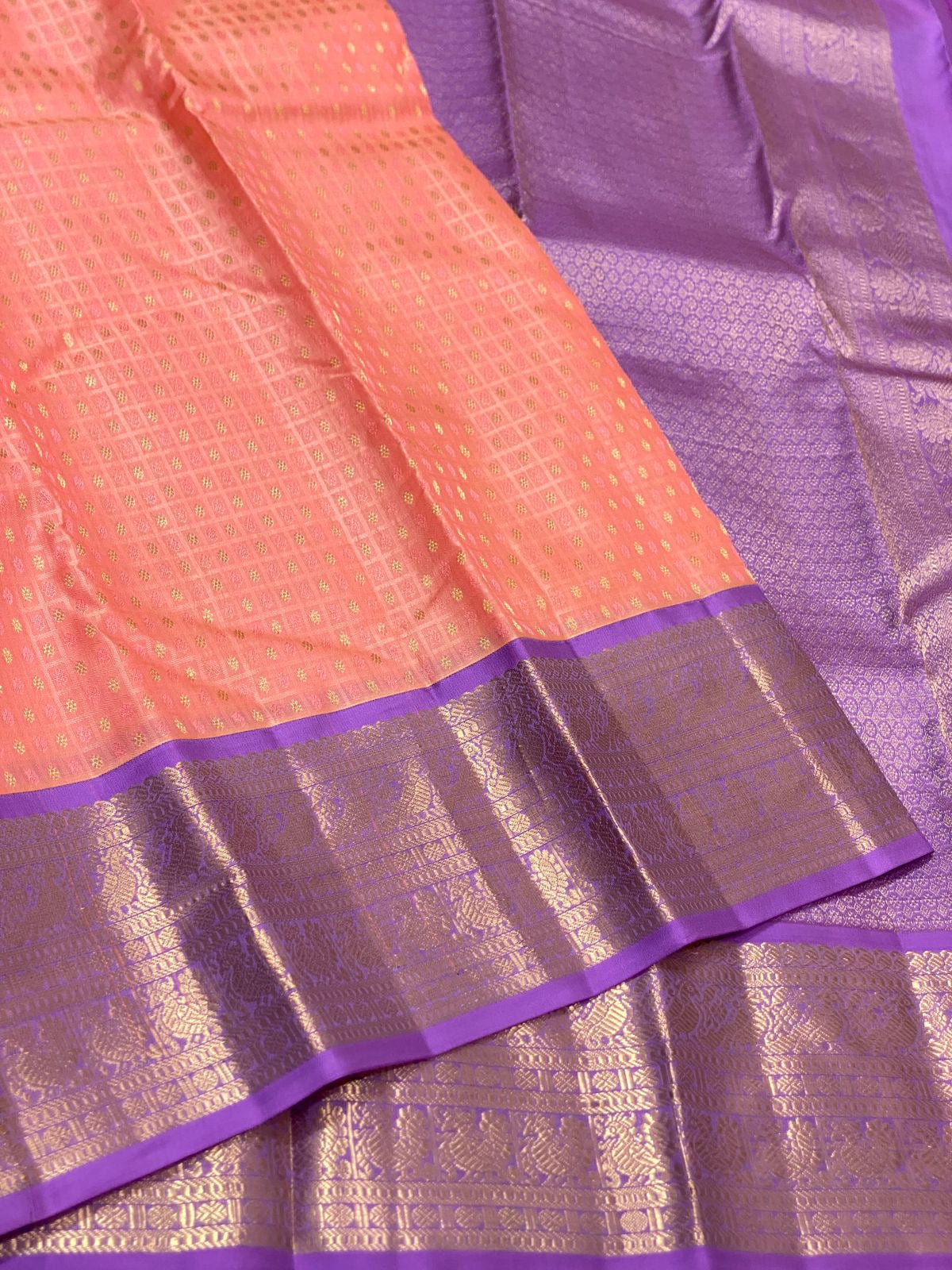 Classic Peach & Lavender 1gm Zari Kanchipuram Handloom Silk Saree SS25808