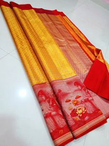 Classic Golden Yellow & Red 4D designed Bridal Elegance Kanchipuram Handloom Silk Saree SS24774