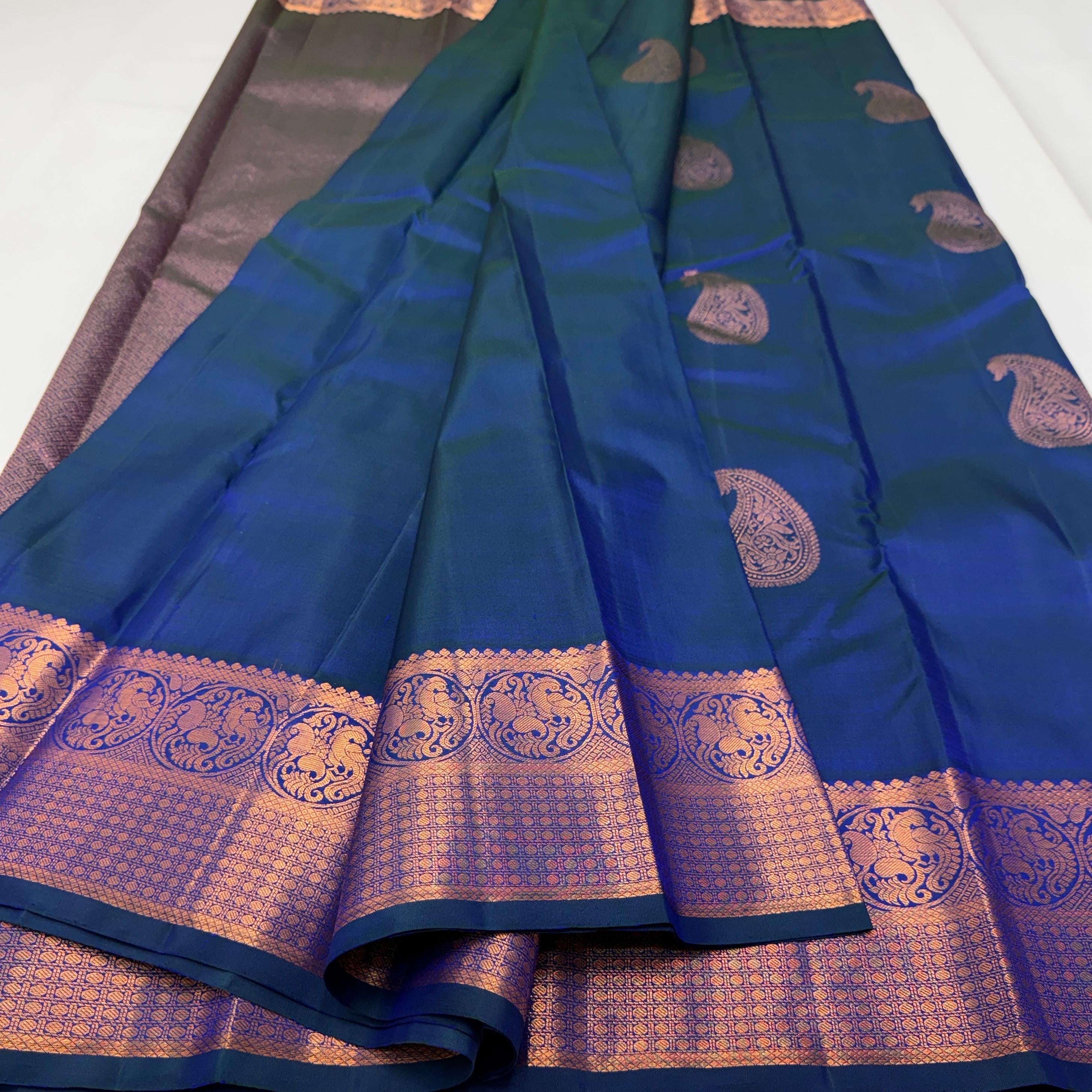 Classic Peacock Blue Rose Gold Zari Elegance Kanchipuram Handloom Silk Saree SS23585