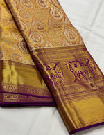 Load image into Gallery viewer, Classic Beige &amp; Purple 2gm Zari Brocade Bridal Elegance Kanchipuram Handloom Silk Saree SS23644
