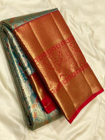 Load image into Gallery viewer, Classic Pastel Blue &amp; Chilli Red 2gm Zari Tissue Brocade Bridal Elegance Kanchipuram Handloom Silk Saree SS27098
