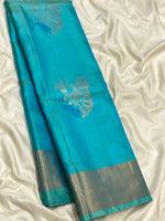 Load image into Gallery viewer, Classic Aqua &amp; Vadamalli 1gm Zari Elegance Kanchipuram Handloom Silk Saree SS27963
