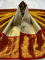 Load image into Gallery viewer, Classic Golden Cream &amp; Red 2gm Zari Bridal Elegance Kanchipuram Handloom Silk Saree SS25281
