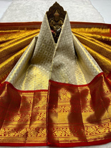 Classic Golden Cream & Red 2gm Zari Bridal Elegance Kanchipuram Handloom Silk Saree SS25281