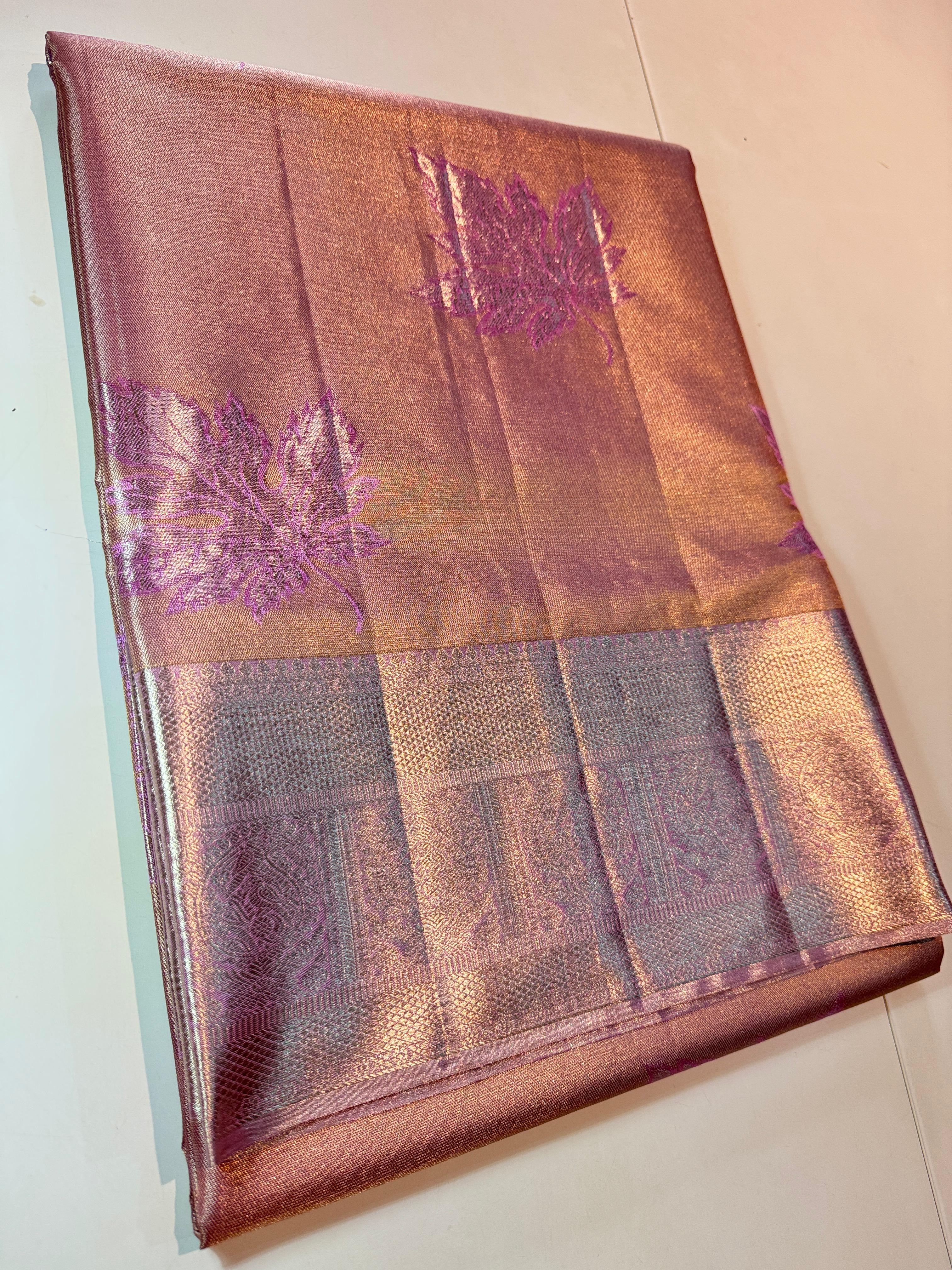 Classic Pastel Shimmer Nude Pink Maple Leaf Designed 2gm Zari Bridal Elegance Kanchipuram Handloom Silk Saree SS25946