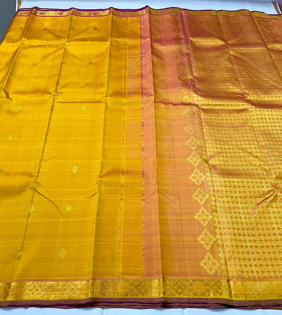 Classic Mustard Yellow 2gm Zari Kanchipuram Handloom Silk Saree SS26211