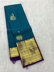 Classic Teal Blue Green & Purple Berry 2gm Zari Bridal Elegance Kanchipuram Handloom Silk Saree SS23561