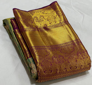 Shimmer Gold Green & Wine Red 2gm Zari Brocade Bridal Elegance Kanchipuram Handloom Silk Saree SS23637