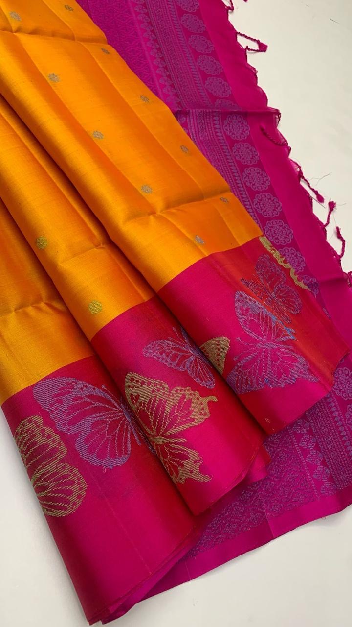 Classic Golden Yellow & Brick Pink Elegance Handloom Soft Silk Saree SS24554