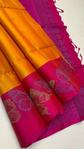 Classic Golden Yellow & Brick Pink Elegance Handloom Soft Silk Saree SS24554