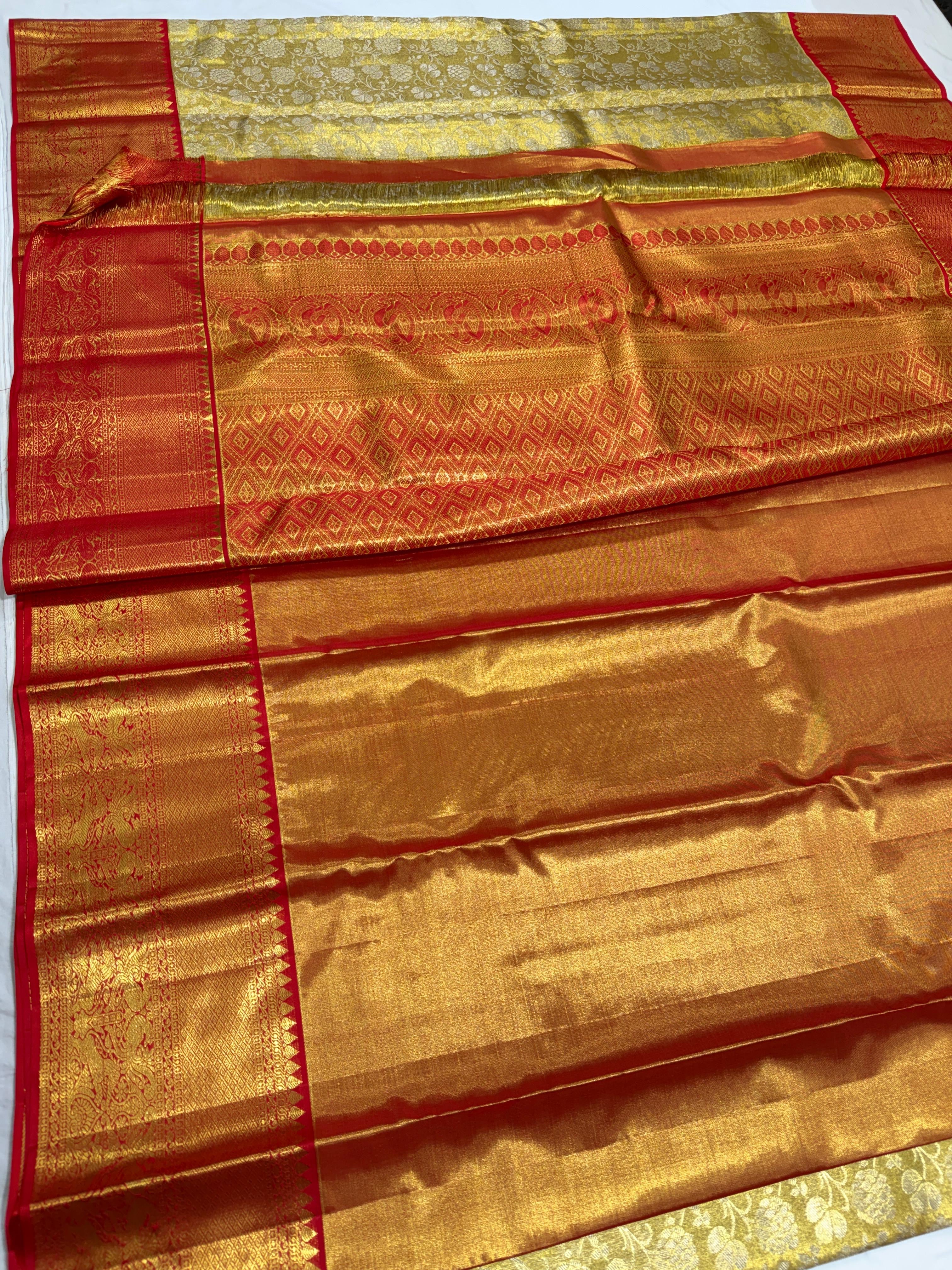 Classic Gold & Chilli Red Brocade Tissue Bridal Elegance Kanchipuram Handloom Silk Saree SS26571