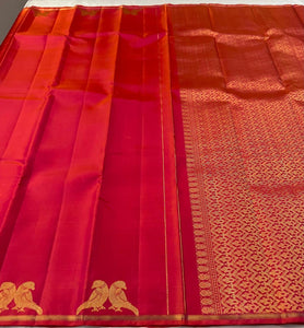 Classic Orange Pink 2gm Zari Elegance Kanchipuram Handloom Silk Saree SS25348