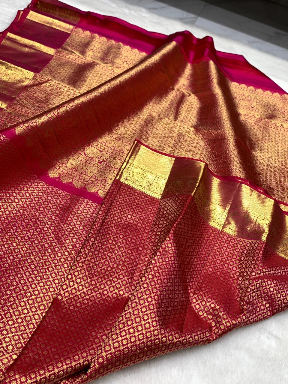 Classic Pinkish Red 2gm Zari Bridal Elegance Kanchipuram Handloom Silk Saree SS25431