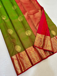 Classic Olive Green & Red Elegance Kanchipuram Handloom Silk Saree SS24324