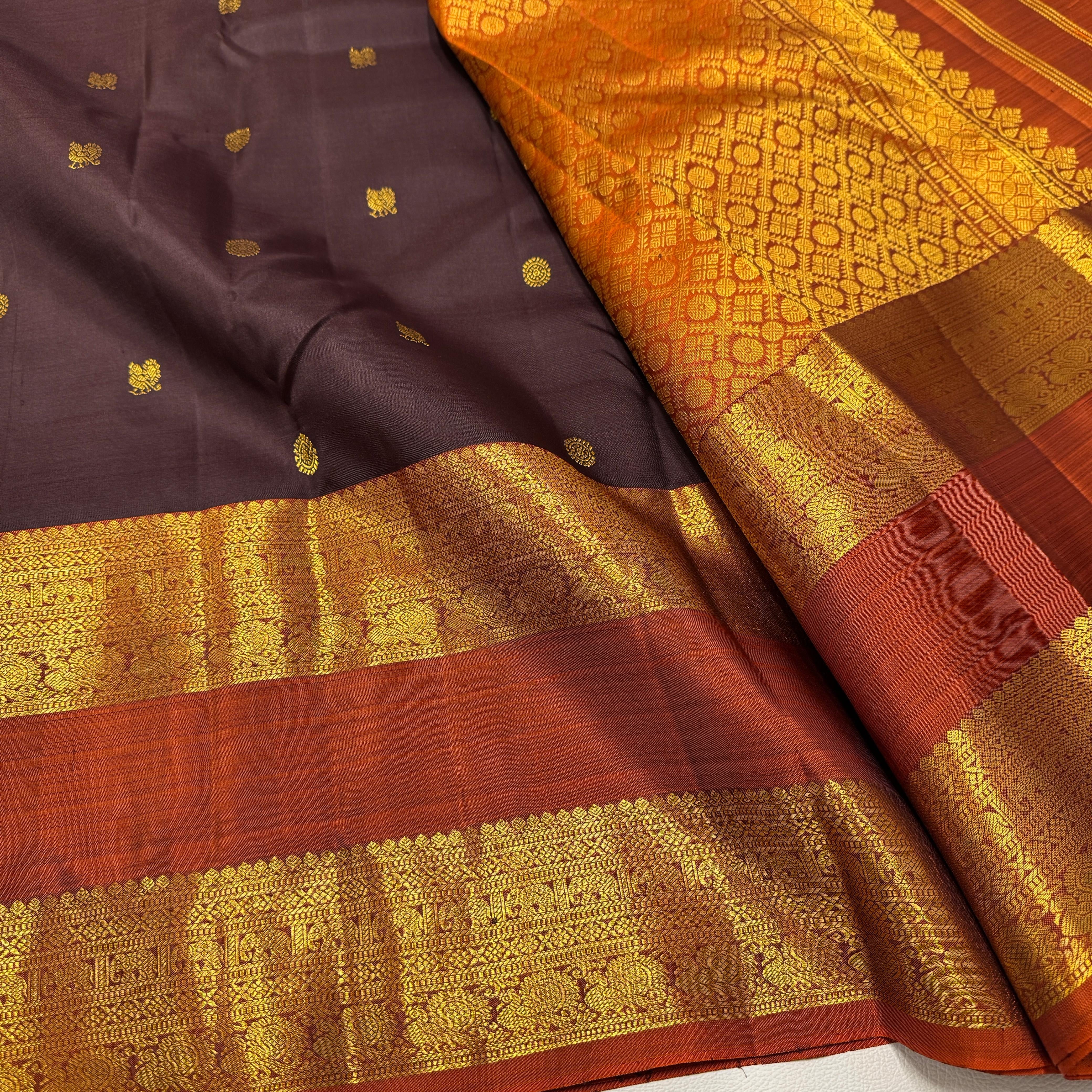 Classic Coffee Brown & Mustard Rettapet Border Elegance Kanchipuram Handloom Silk Saree SS25352