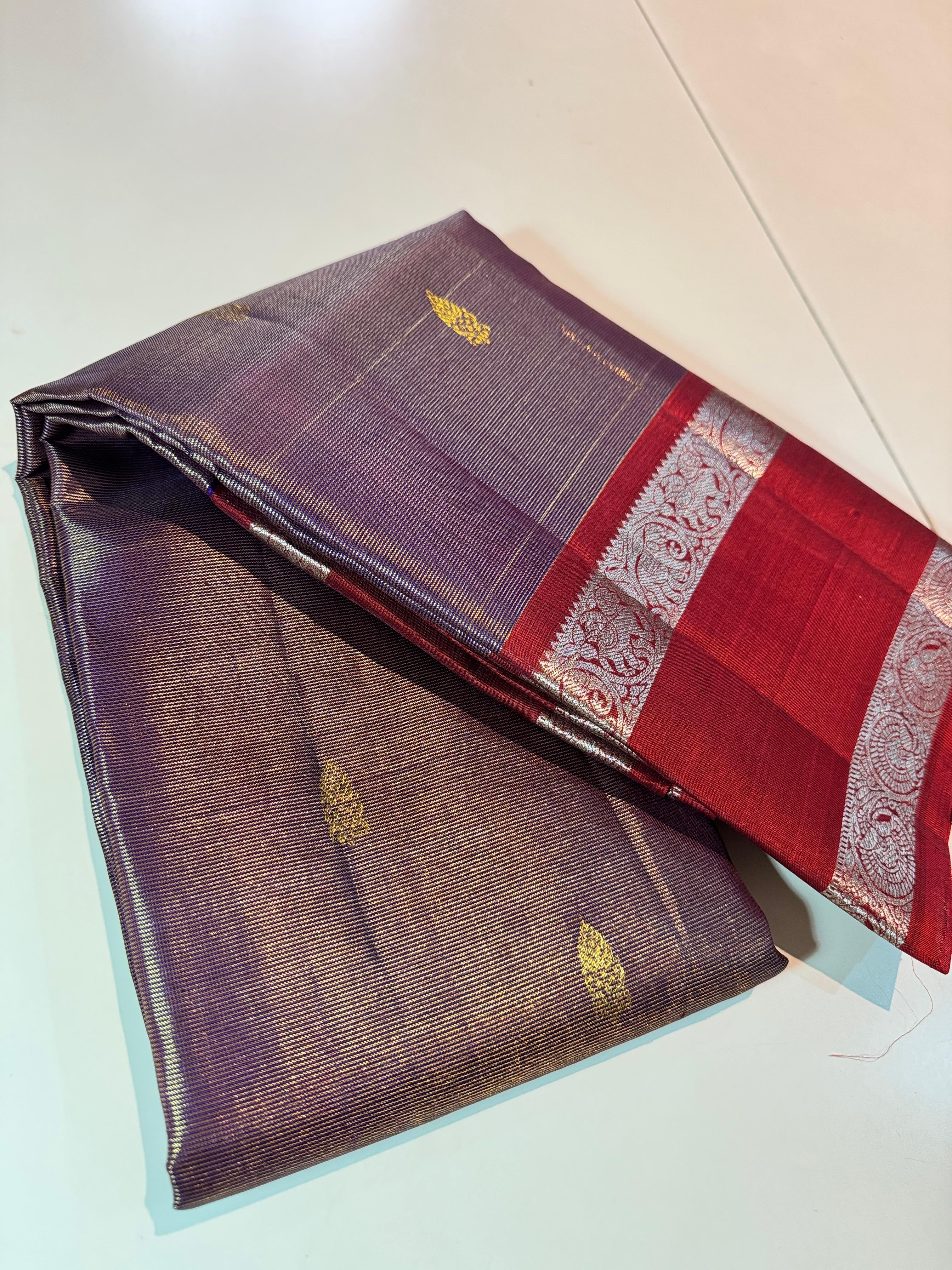 Classic Lavender & Brick Red Elegance Kanchipuram Tissue Handloom Silk Saree SS25373