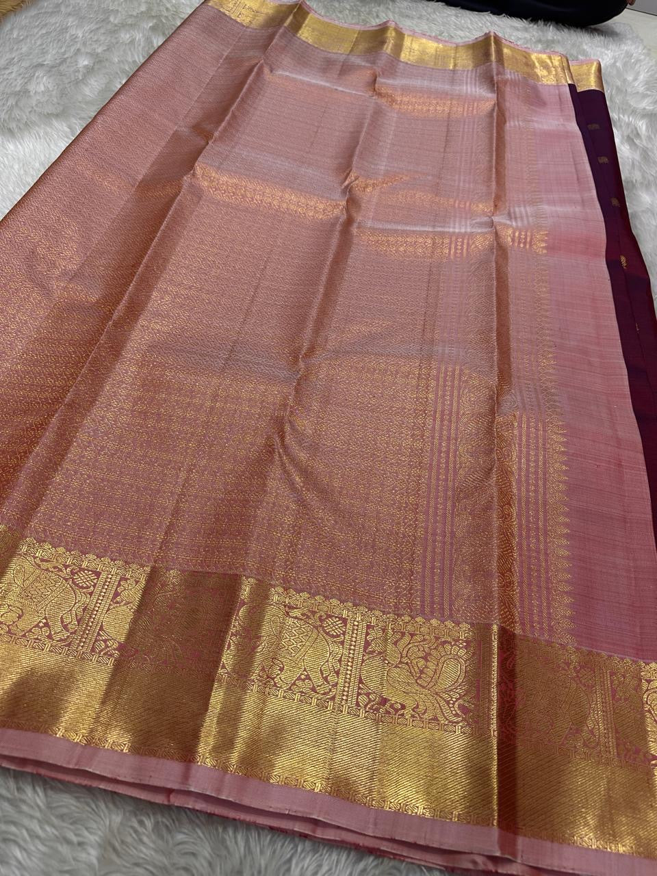 Classic Wine Red & Rose Kanchipuram Handloom Silk Saree SS25961