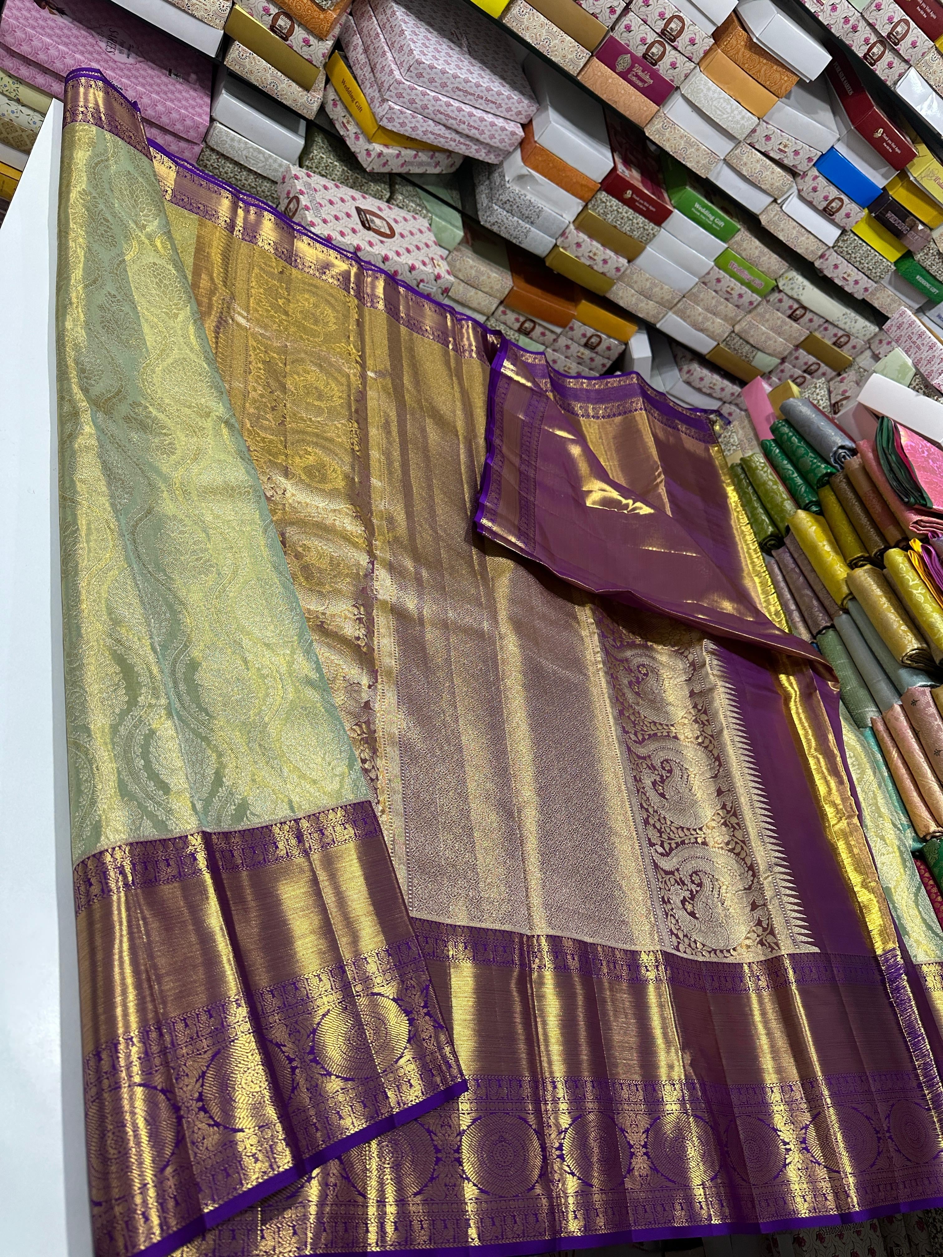 Pastel Blue & Dark Violet Bridal Elegance Kanchipuram Tissue Handloom Silk Saree SS25719