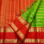 Load image into Gallery viewer, Classic Spring Green Brick Orange &amp; Steel Blue 2gm Zari Beldhari Designed Bridal Elegance Kanchipuram Handloom Silk Saree SS28325

