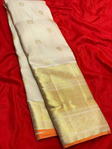 Classic White & Fiery Orange 2gm Zari Elegance Bridal Kanchipuram Handloom Silk Saree SS24375