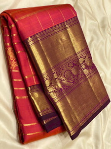 Classic Orange Pink & Plum 2gm Zari Vaira Oosi Checks Kanchipuram Handloom Silk Saree SS25897