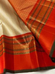 Classic Beige Cream & Orange 2gm Zari Elegance Kanchipuram Handloom Silk Saree SS20576