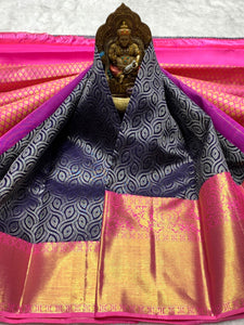 Classic Navy Blue & Fuchsia Pink 2gm Zari Bridal Elegance Kanchipuram Handloom Silk Saree SS25833