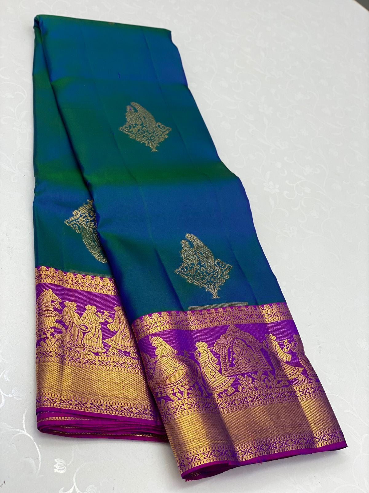 Classic Peacock Blue & Fuchsia Pink 1gm Zari Elegance Kanchipuram Handloom Silk Saree SS24383