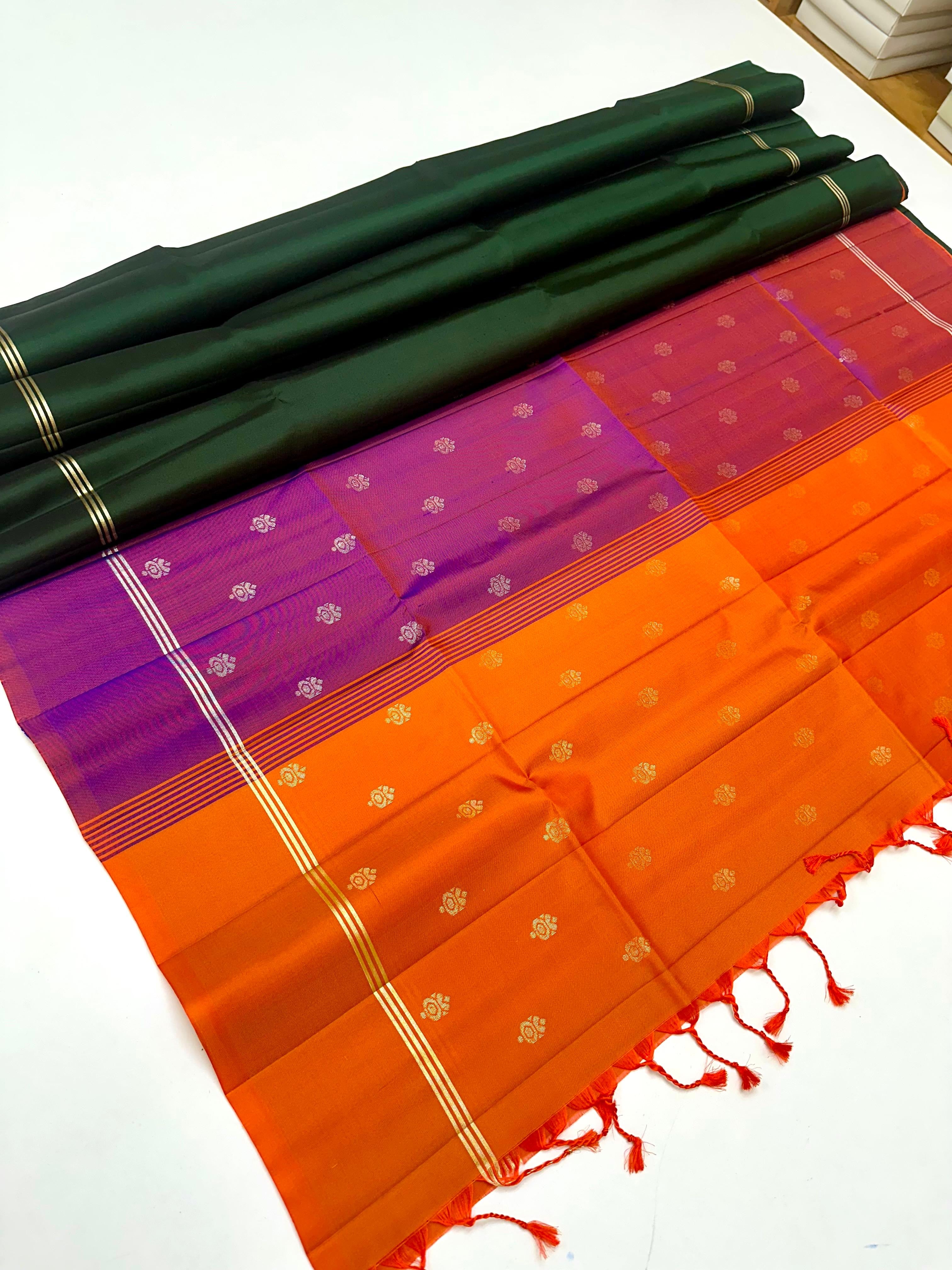 Classic Bottle Green & Wine Red Orange Elegance Handloom Soft Silk Saree SS26529