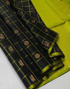 Classic Charcoal Black & Lime Green Double Warp Elegance Handloom Soft Silk Saree SS23493