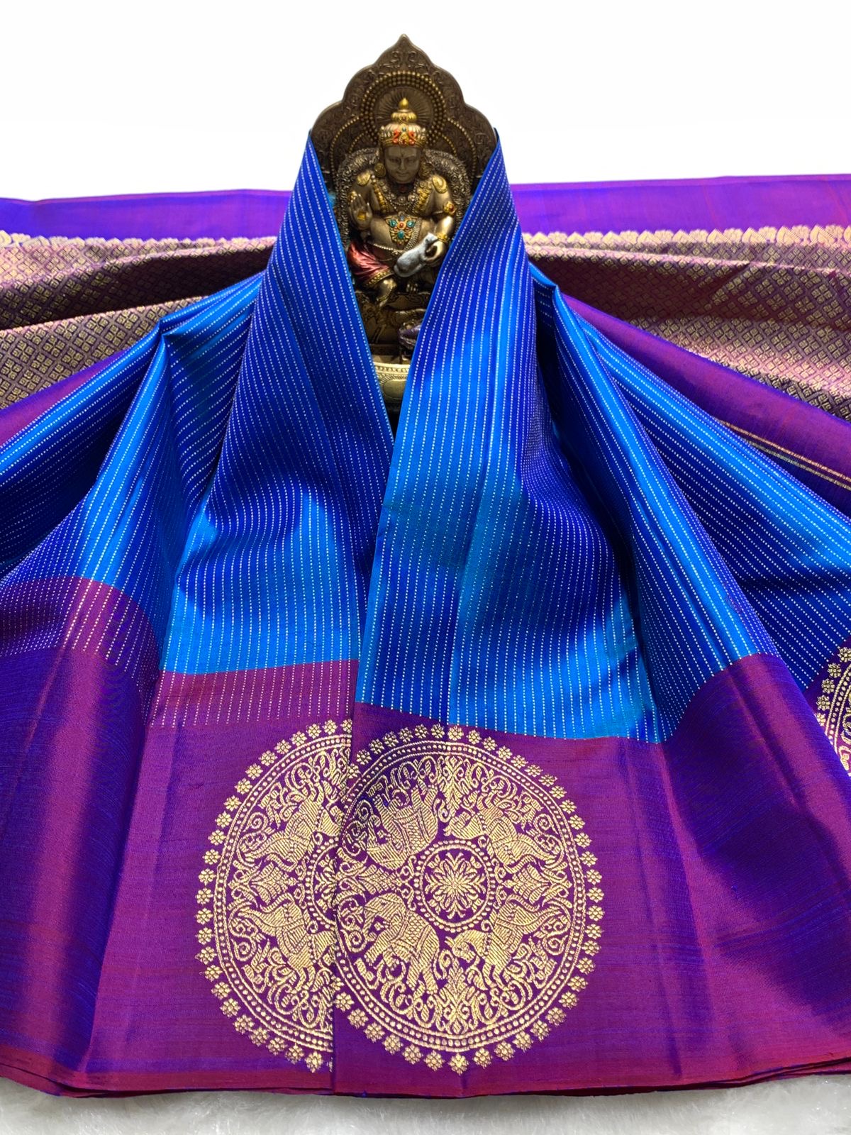 Classic Azure Blue & Purple 2gm Zari Kanchipuram Handloom Silk Saree SS25816