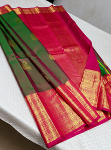 Classic Green & Pink 1gm Zari Kanchipuram Handloom Silk Saree SS26197