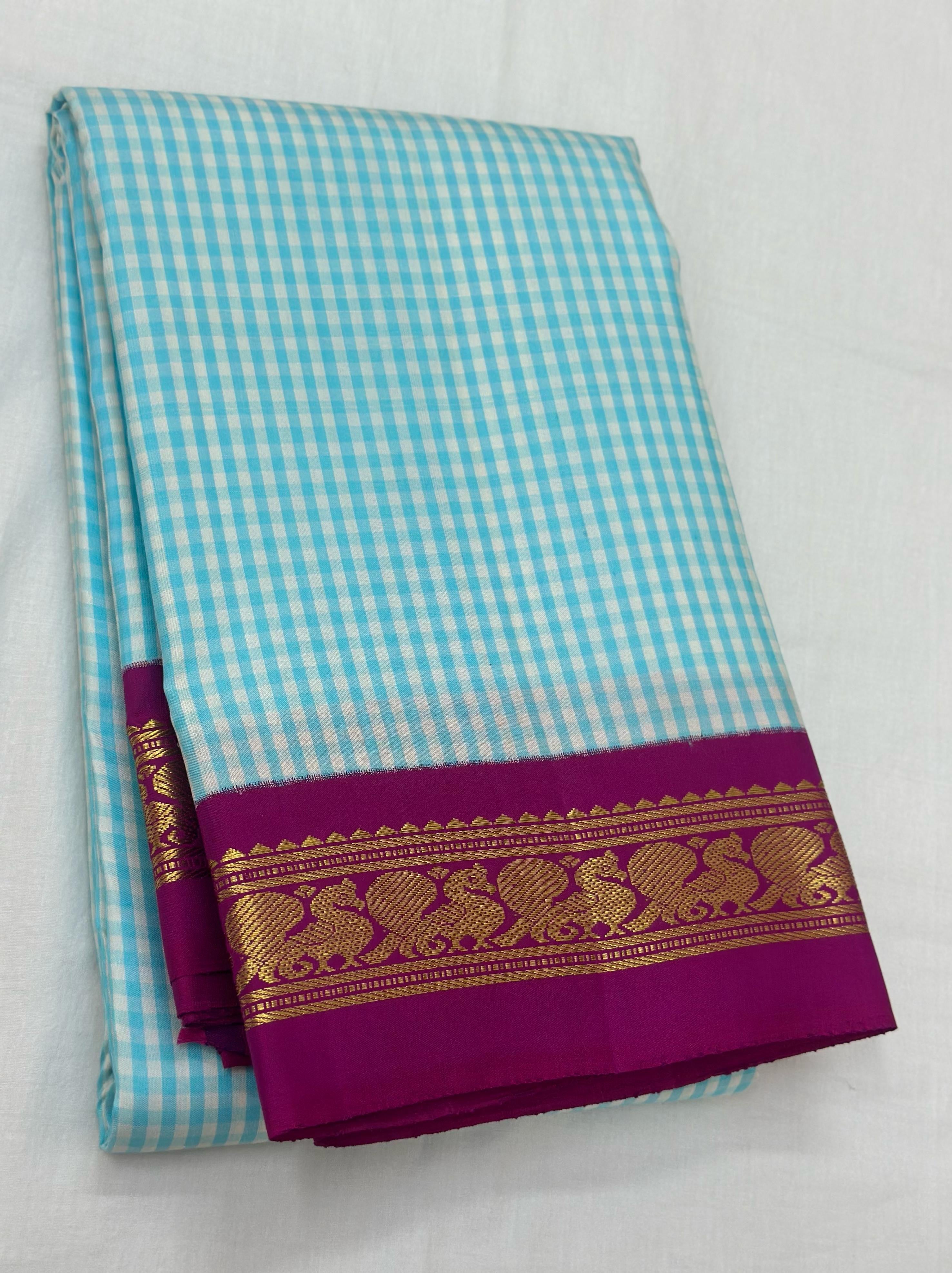 Classic Sky Blue & Plum 2gm Zari Elegance Kanchipuram Handloom Silk Saree SS24733