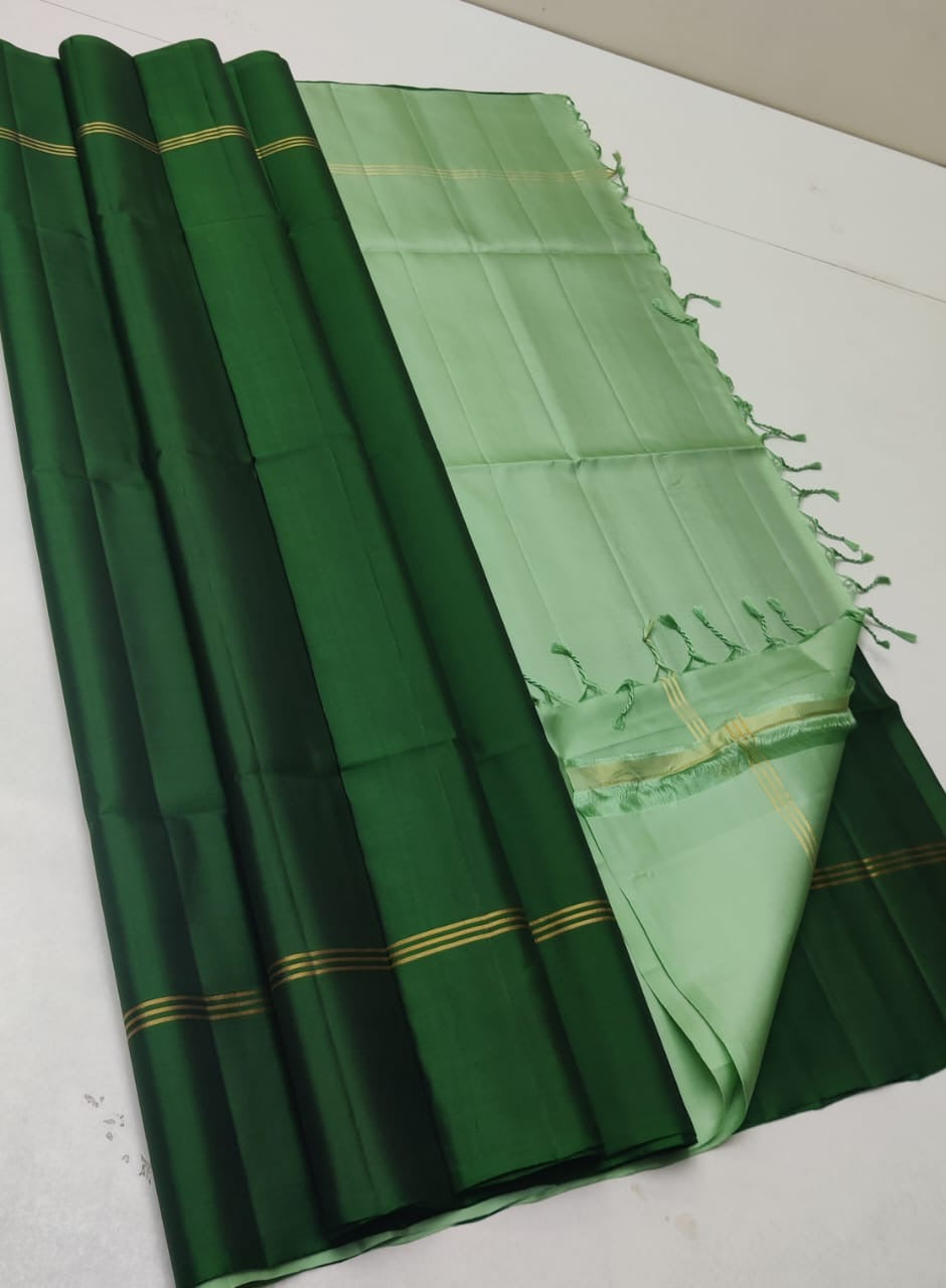 Classic Dark Green & Pastel Green Elegance Plain Handloom Soft Silk Saree SS24075