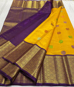 Load image into Gallery viewer, Classic Sunny Yellow &amp; Berry Purple 3gm Zari Elegance Kanchipuram Handloom Silk Saree SS24454
