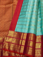Load image into Gallery viewer, Classic Aqua &amp; Orange 2gm Zari Vaira Oosi Beldari Vintage Elegance Kanchipuram Handloom Silk Saree SS26990
