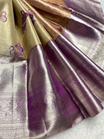 Load image into Gallery viewer, Classic Oatmeal Beige &amp; Berry Purple 2gm Zari Bridal Elegance Kanchipuram Handloom Silk Saree SS25269

