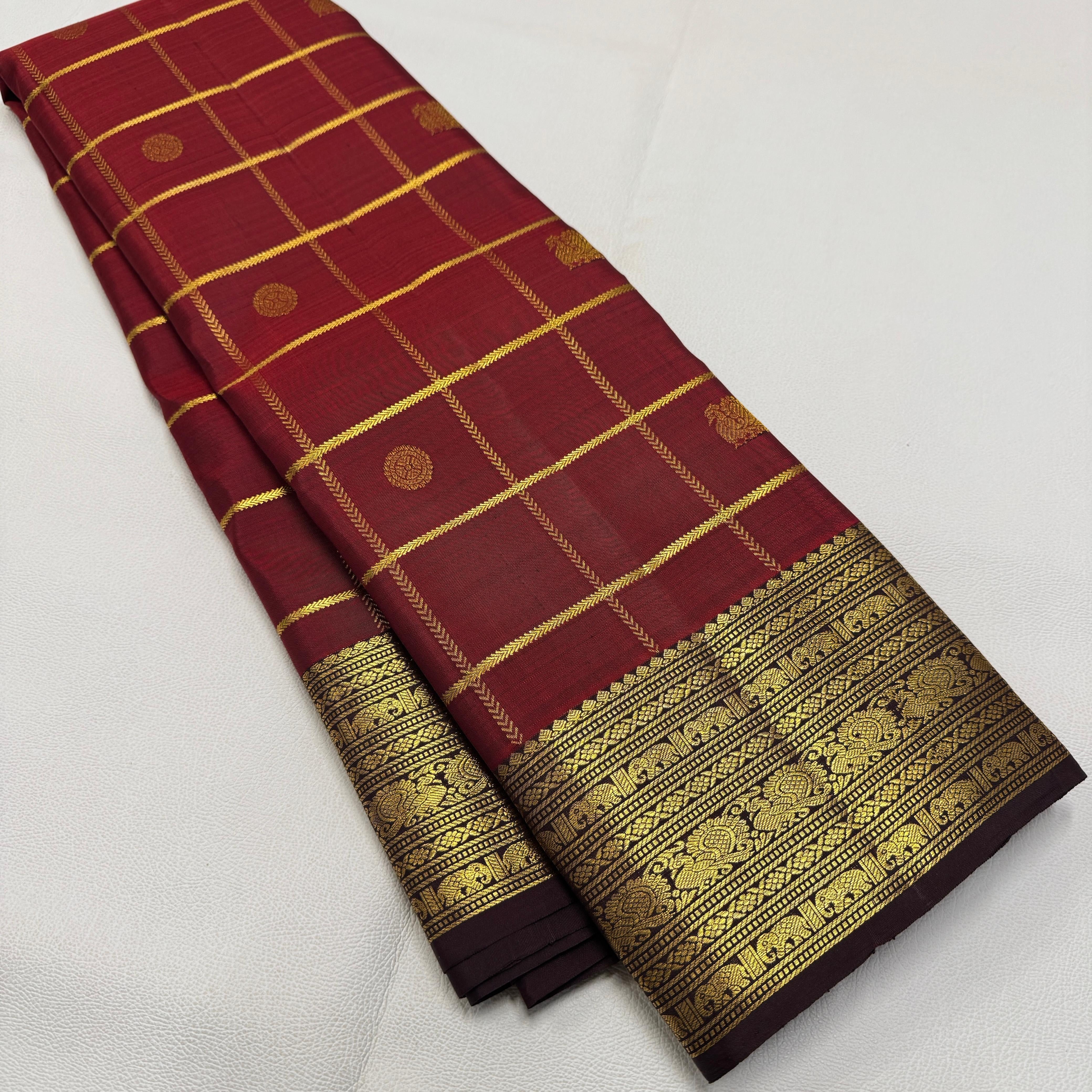 Classic Brick Red & Coffee Brown 2gm Zari Bridal Elegance Kanchipuram Handloom Silk Saree SS26497
