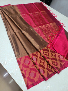 Plain Cocoa & Deep Pink Elegance Handloom Soft Silk Saree SS25308