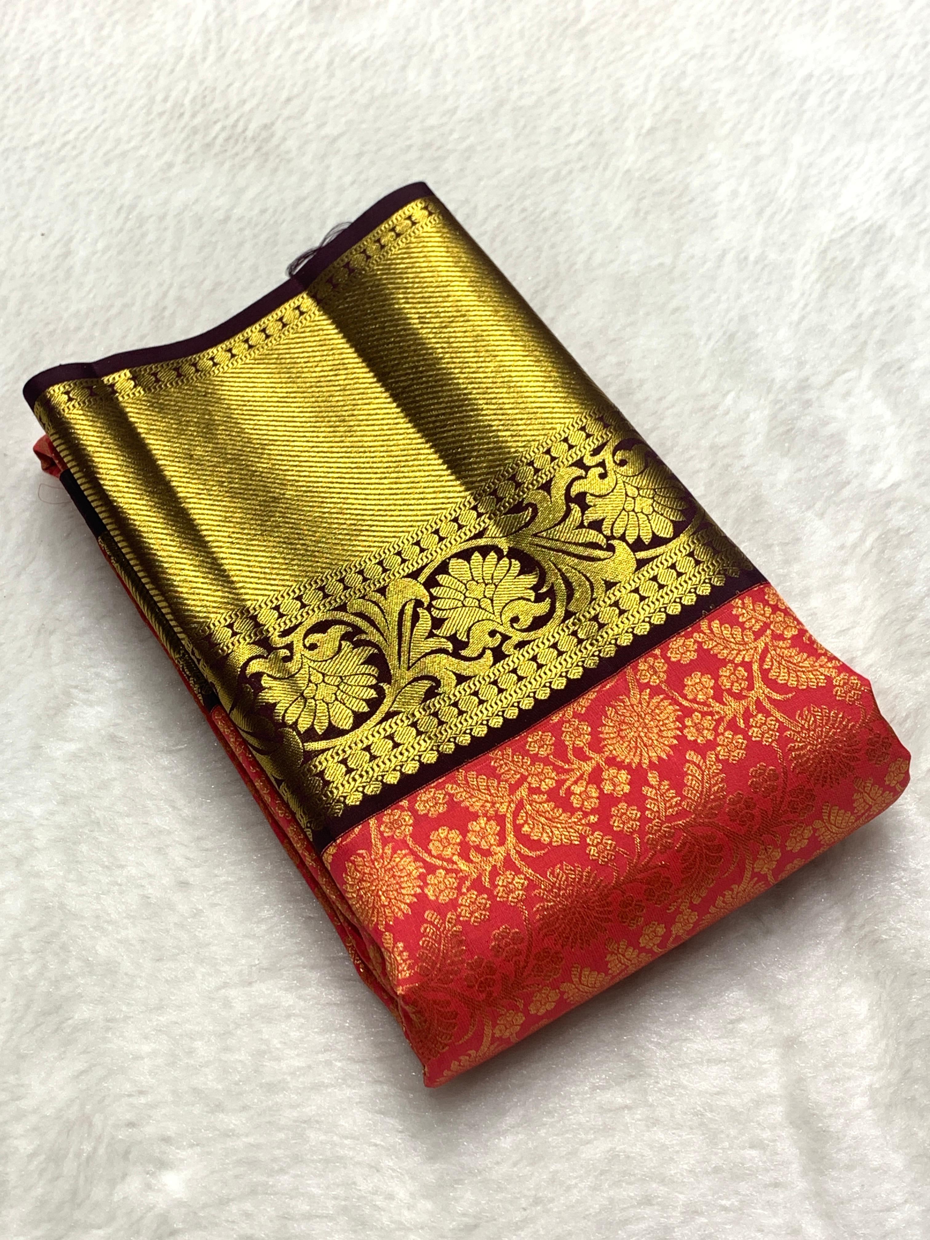 Classic Orange & Coffee Brown 2gm Zari Bridal Elegance Kanchipuram Handloom Silk Saree SS25831