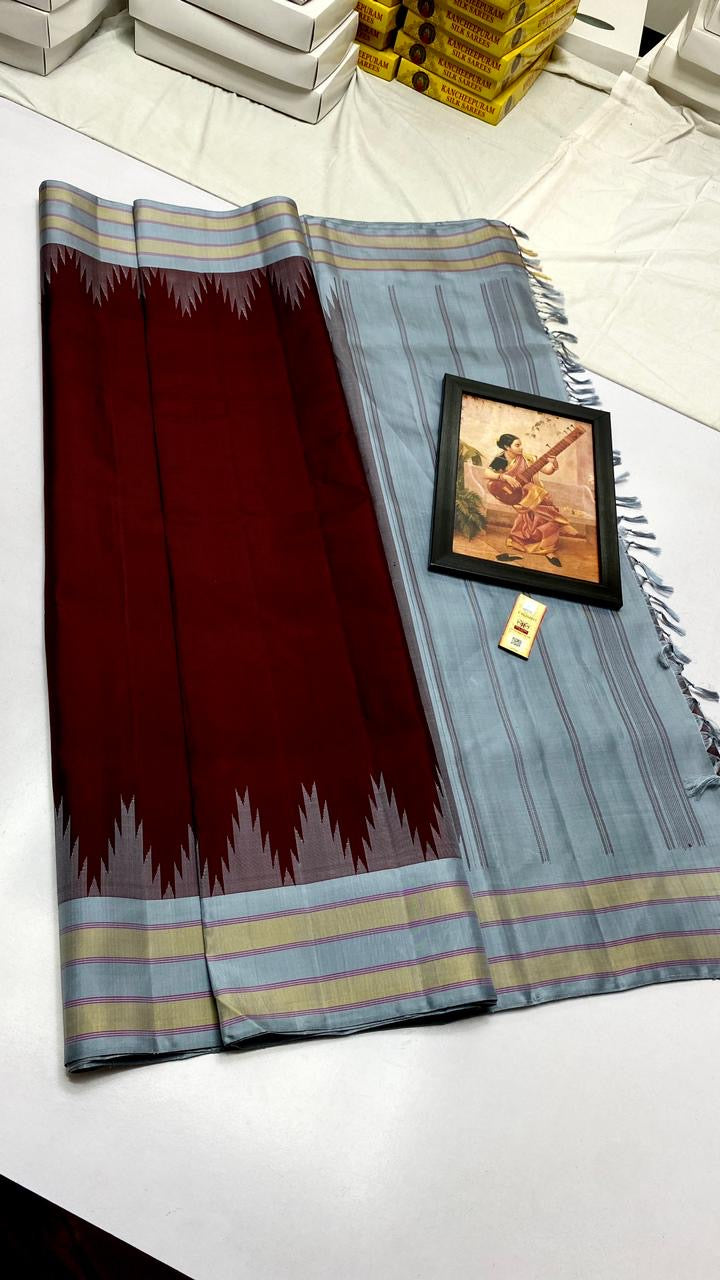 Classic Mahogany Red & Ash Grey Kanchipuram Handloom Silk Saree SS26261