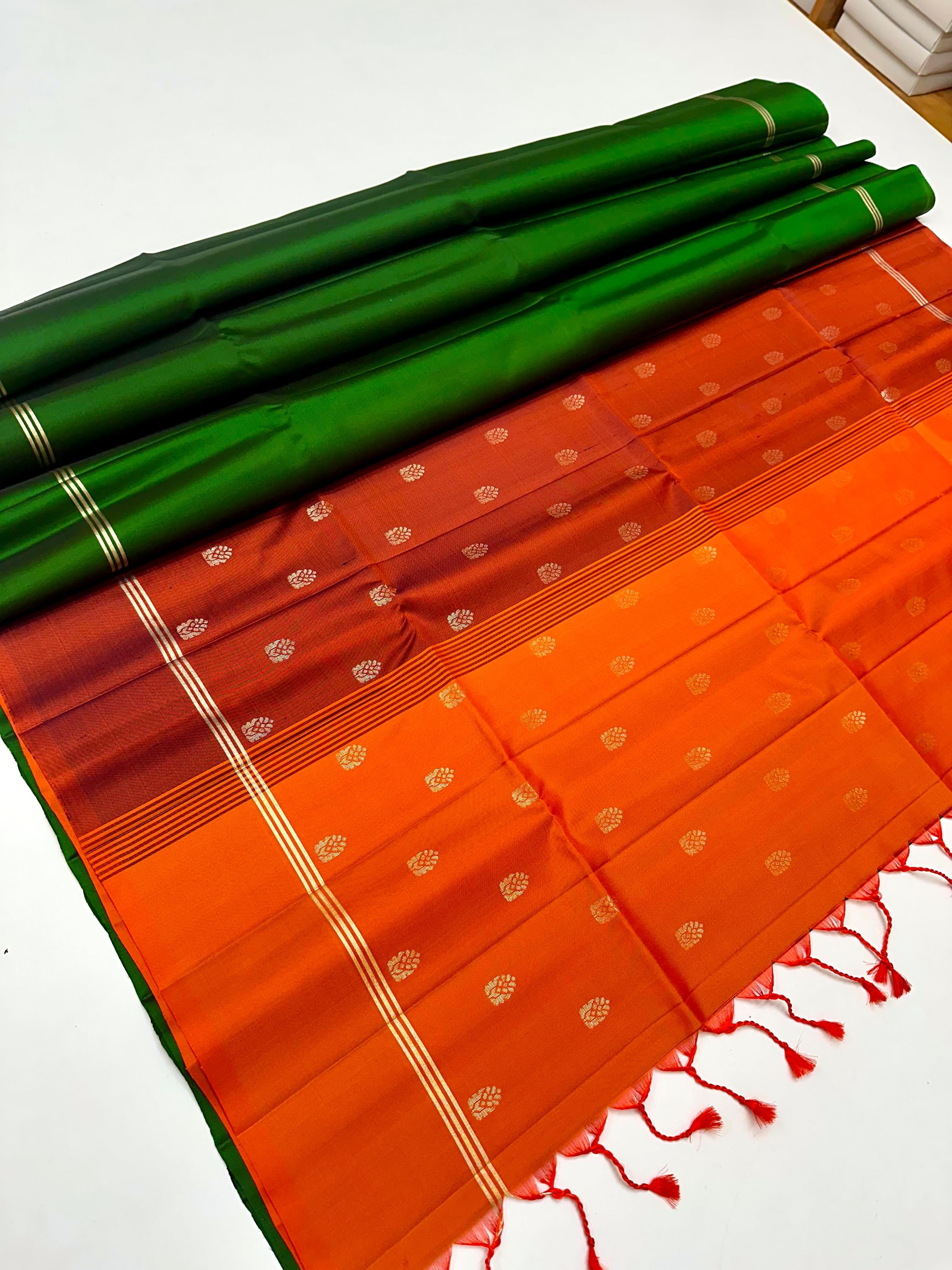 Classic Green & Orange Red Elegance Handloom Soft Silk Saree SS26528