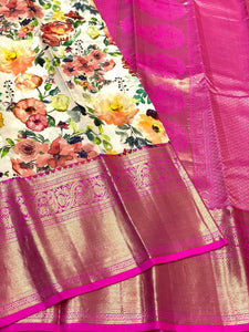 Classic White & Fuchsia Pink Kalamkari Digital Print Bridal Elegance Kanchipuram Handloom Silk Saree SS23912