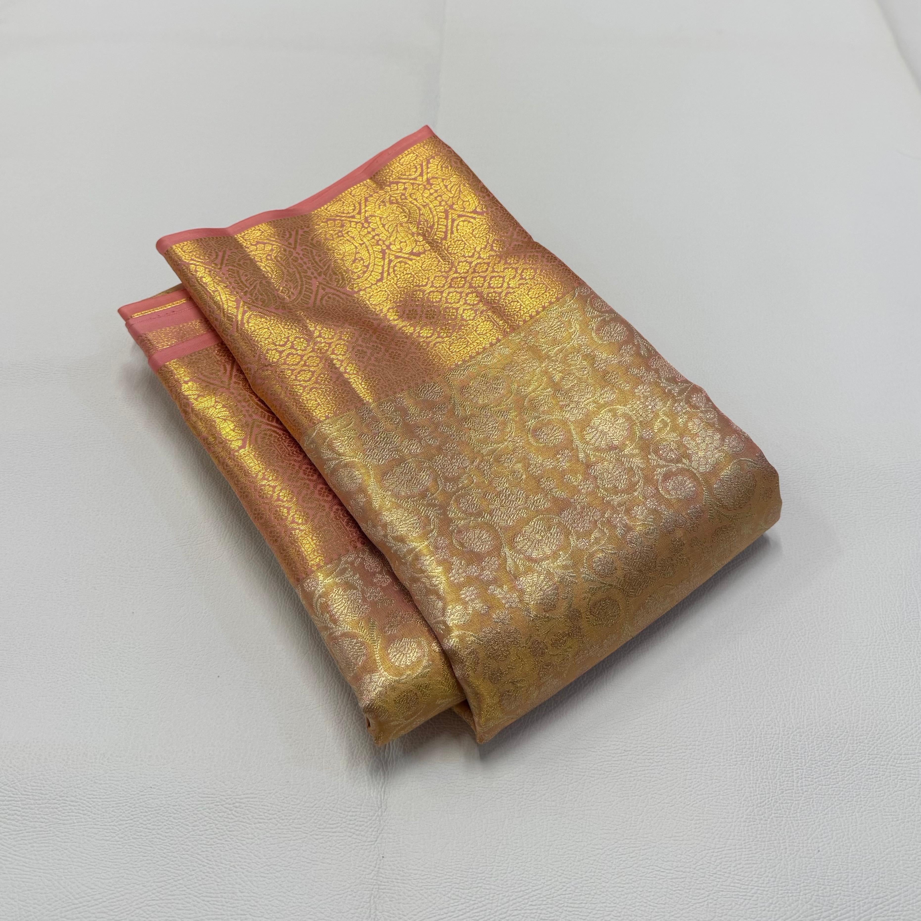 Classic Pastel Rose Gold Tissue Bridal Elegance Kanchipuram Tissue Handloom Silk Saree SS23884